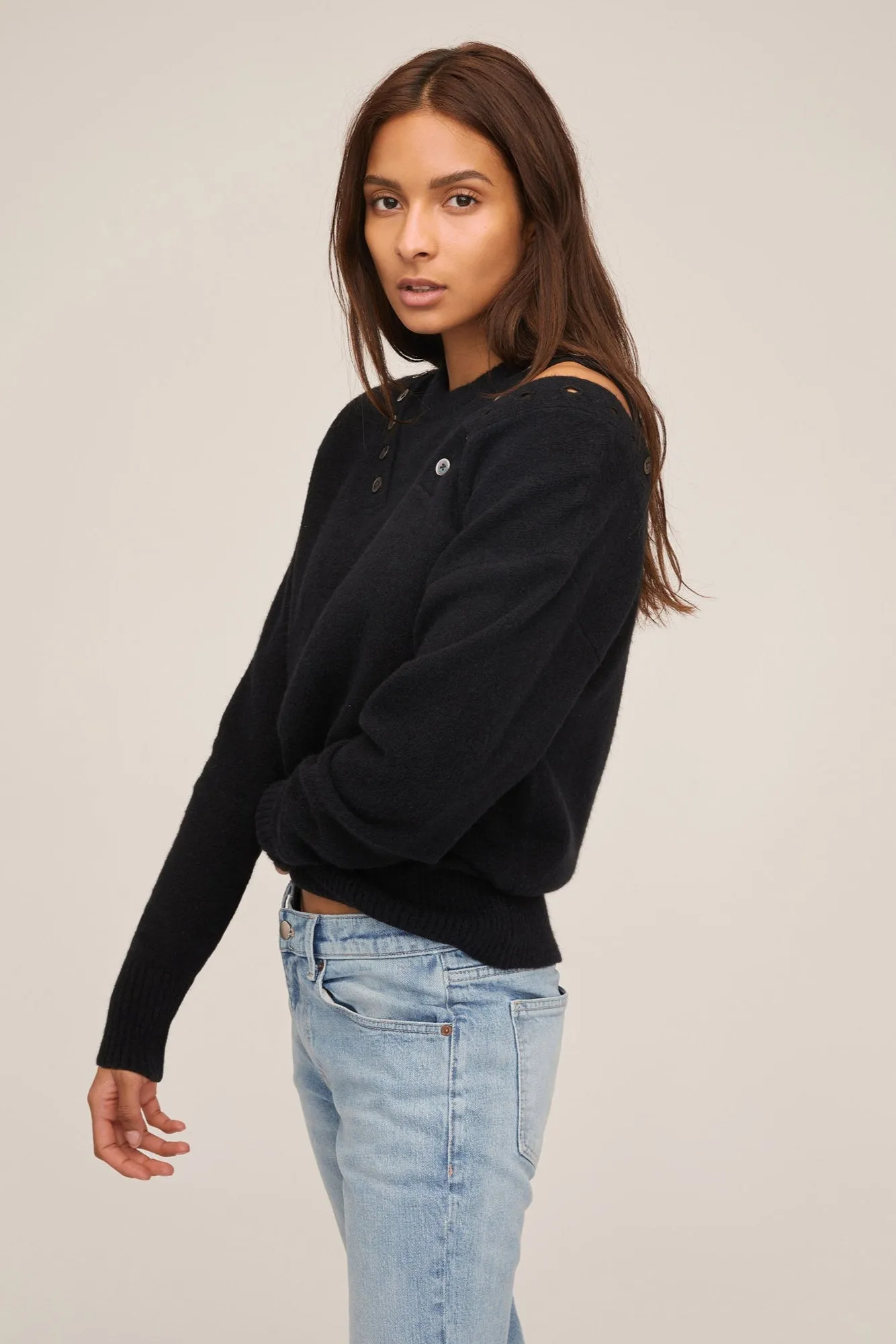 Braxton Double Button Crewneck Sweater in Black