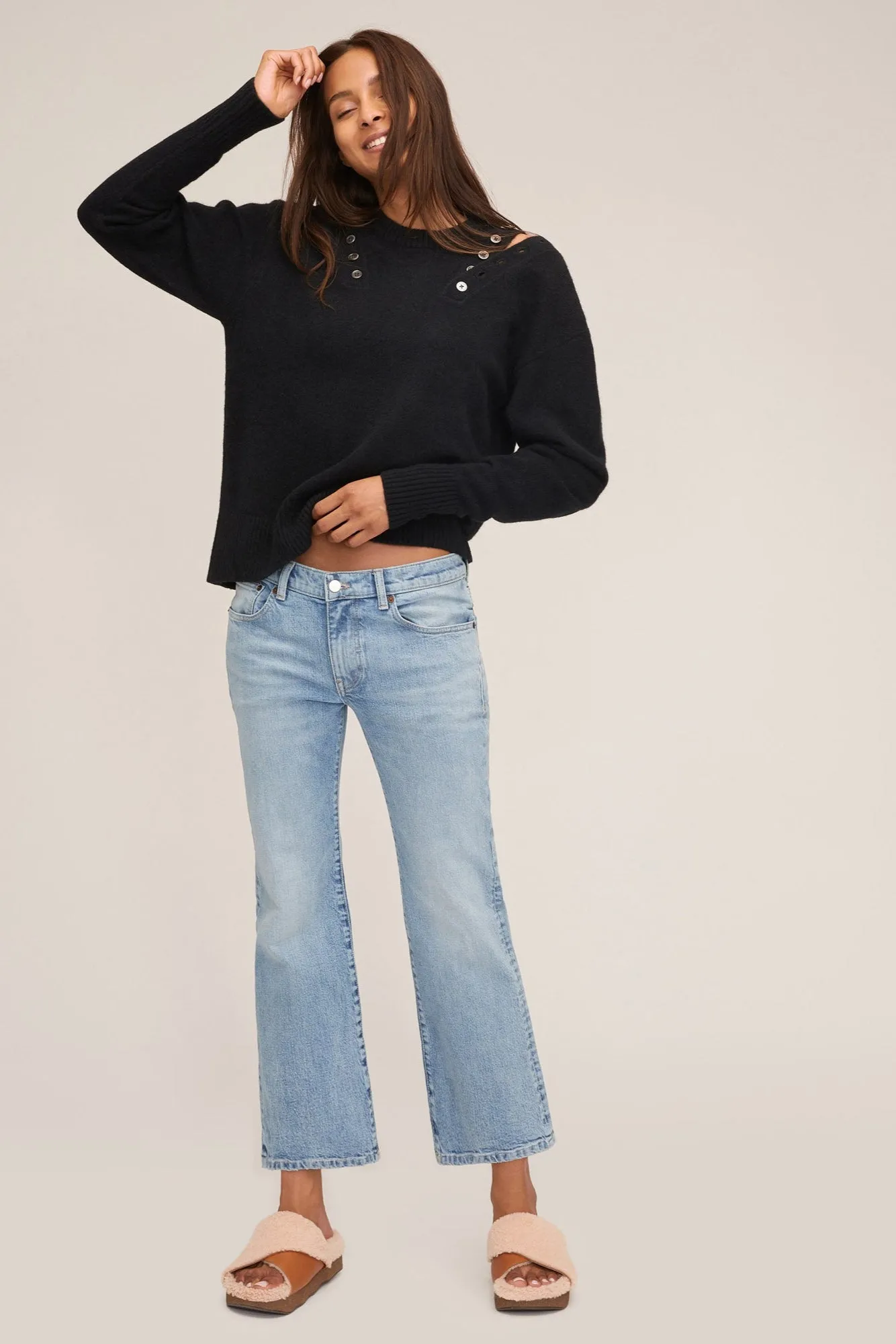 Braxton Double Button Crewneck Sweater in Black