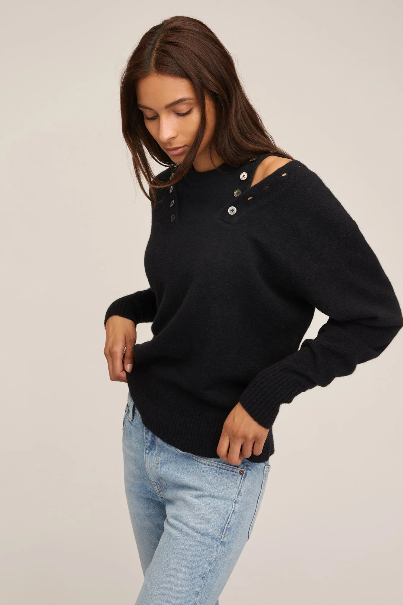 Braxton Double Button Crewneck Sweater in Black