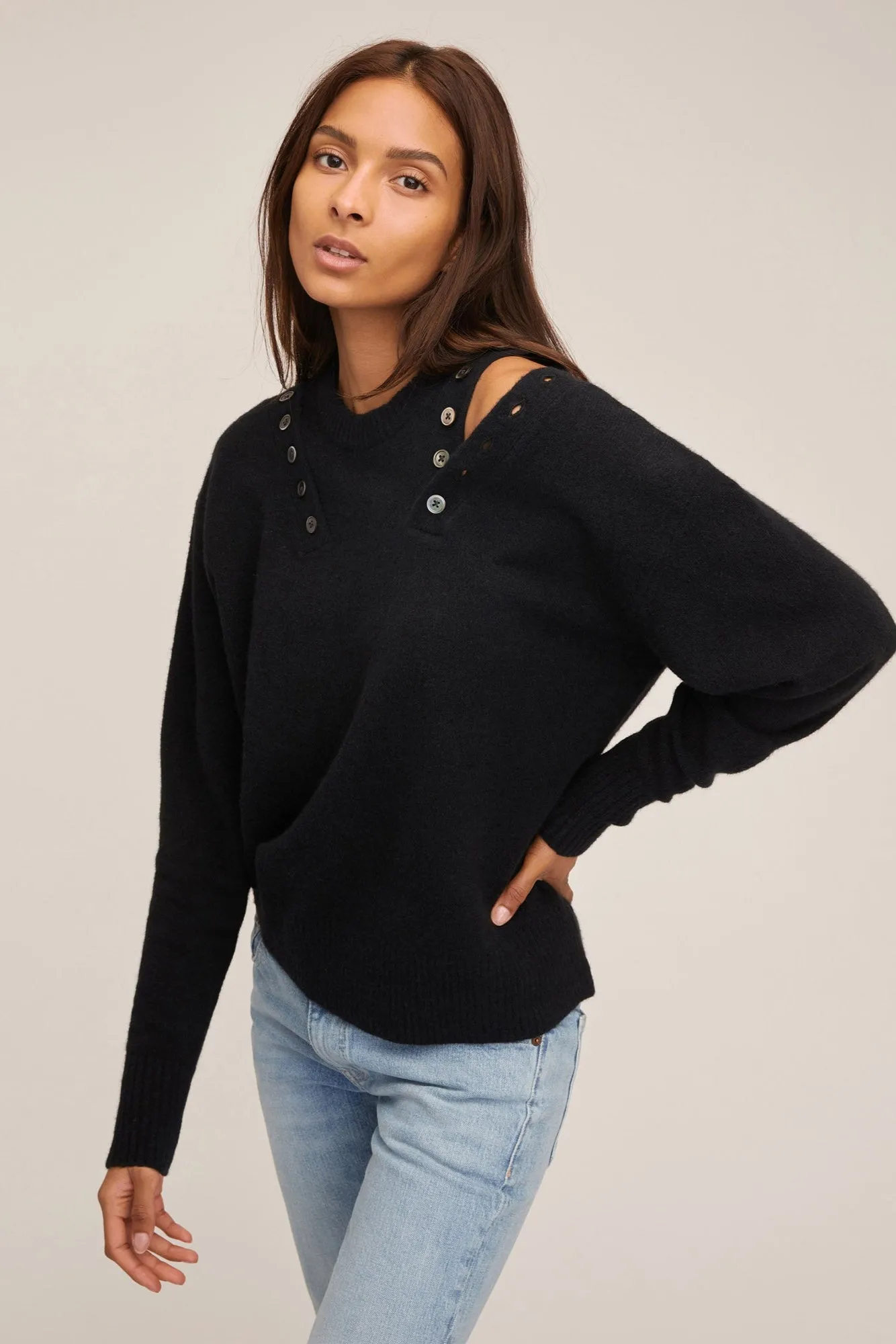 Braxton Double Button Crewneck Sweater in Black