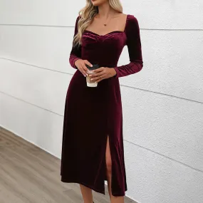 METAVERSMALL New New  Elegant Valentine's Day Split Dress Christmas Velvet Solid Color Square Neck Dress Women