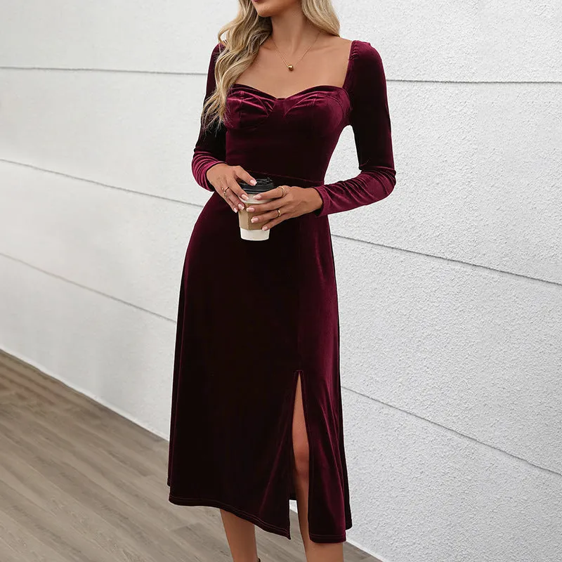 METAVERSMALL New New  Elegant Valentine's Day Split Dress Christmas Velvet Solid Color Square Neck Dress Women