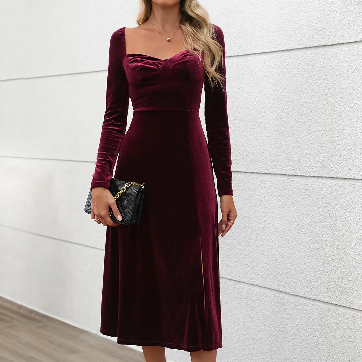 METAVERSMALL New New  Elegant Valentine's Day Split Dress Christmas Velvet Solid Color Square Neck Dress Women