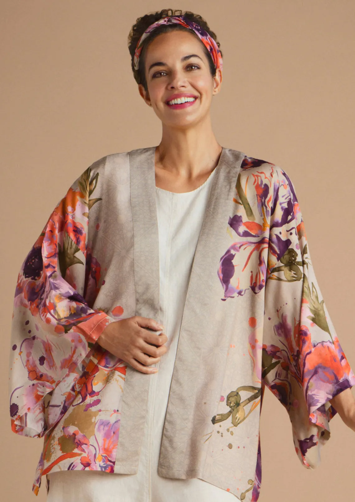 Powder Orchid & Iris Kimono Jacket - Coconut