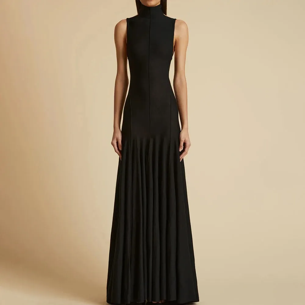 Solid Patchwork Folds Slimming Dress For Women Stand Cllar Sleeveless Backless Temperament Dresses Female Fashion Clothes