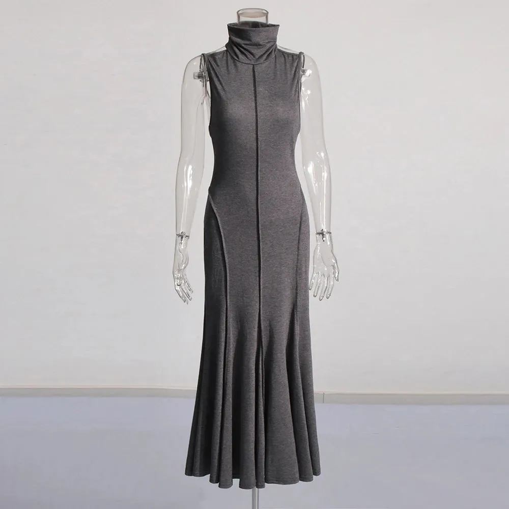 Solid Patchwork Folds Slimming Dress For Women Stand Cllar Sleeveless Backless Temperament Dresses Female Fashion Clothes