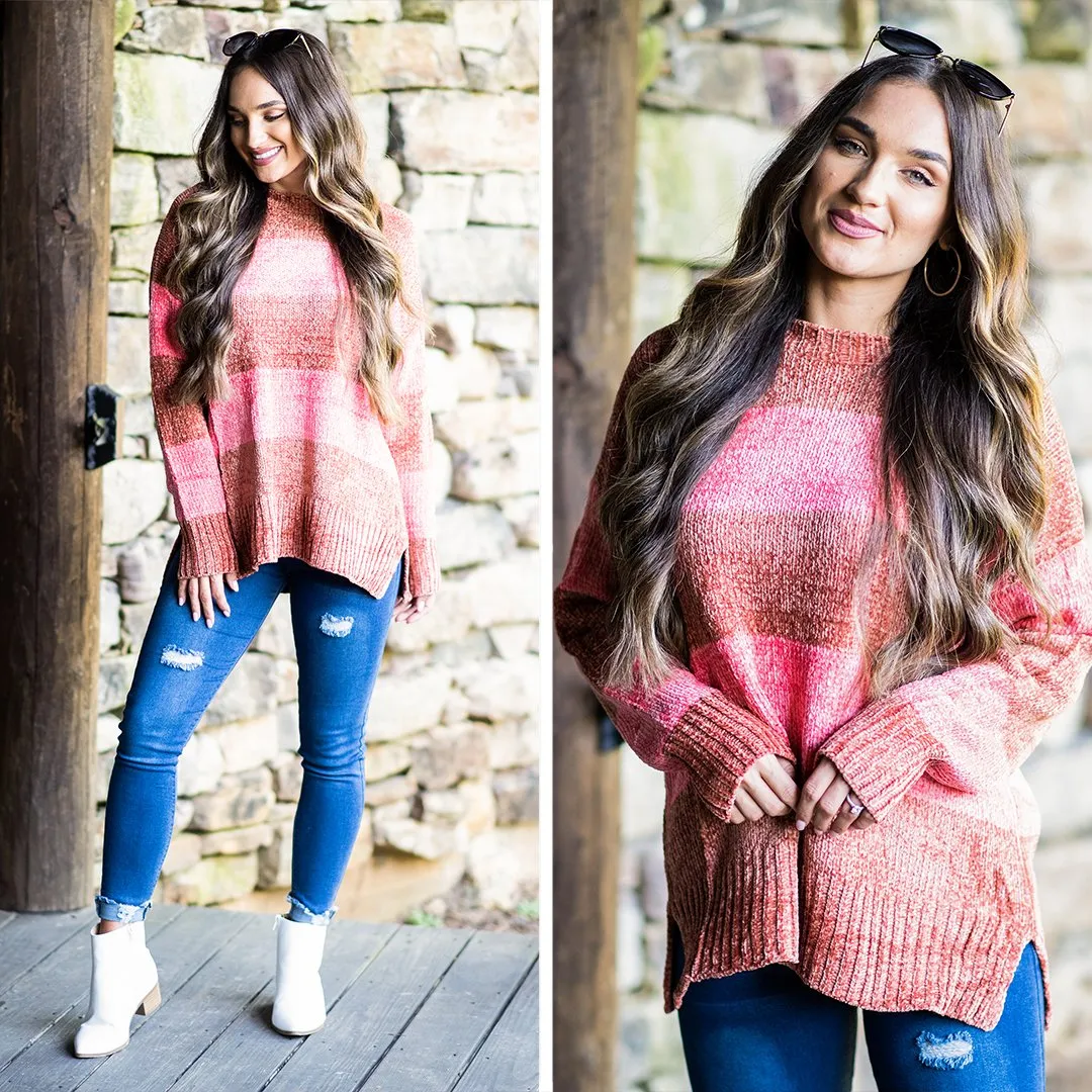 Take Me To The Fire Camel-Pink Chenille Sweater