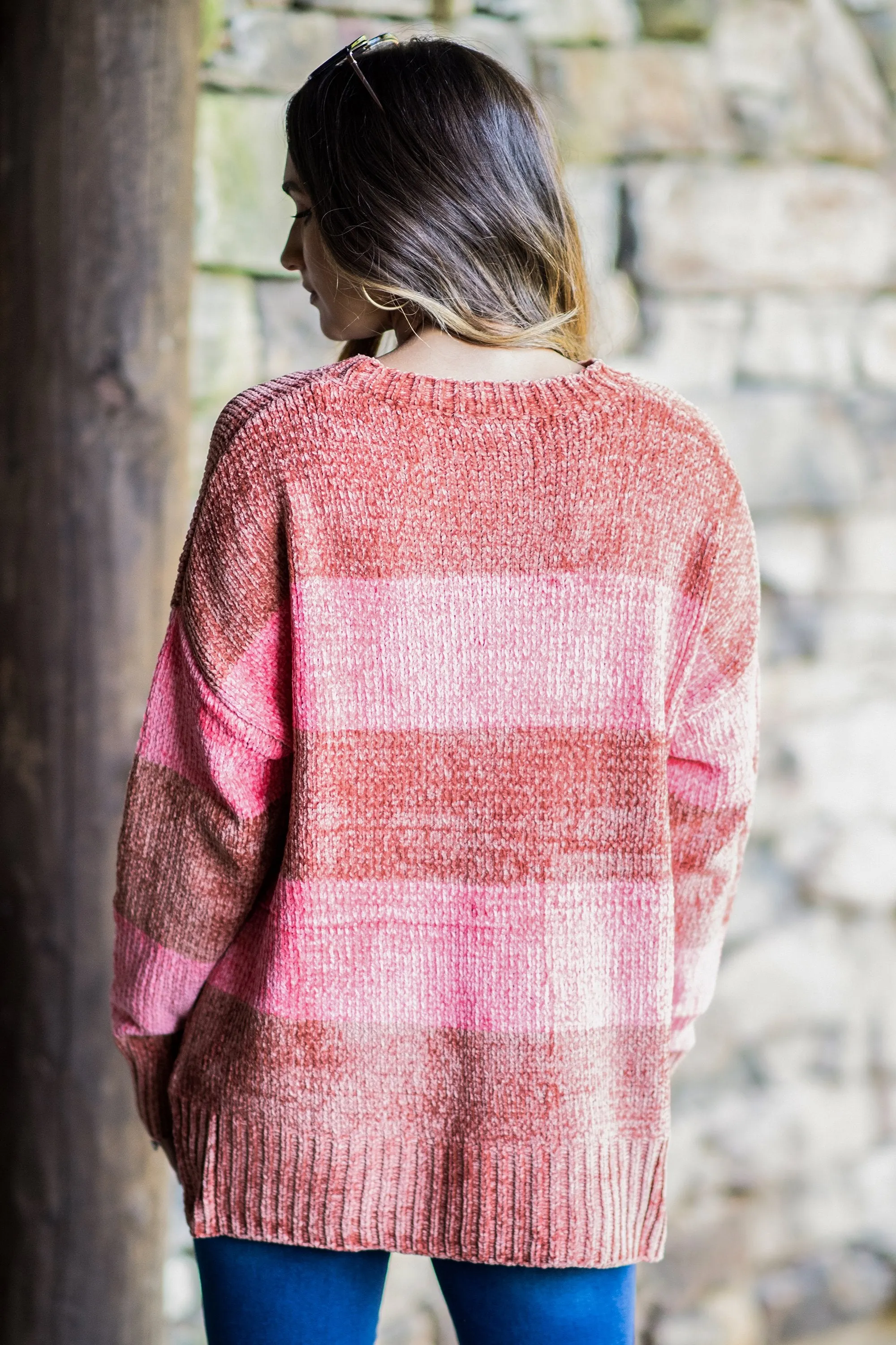 Take Me To The Fire Camel-Pink Chenille Sweater